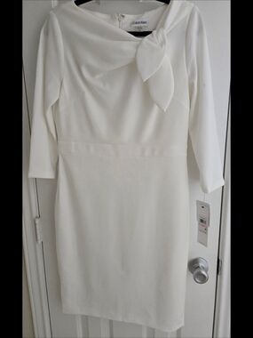 Calvin Klein White Long-Sleeve Sheath Dress with Neck Bow Sz 10